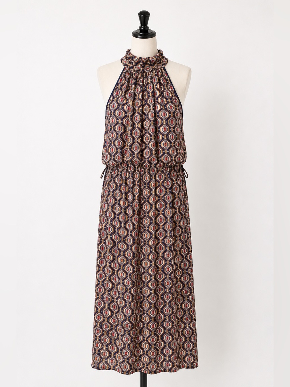 ENFOCUS STUDIO Navy Halter Maxi Dress with Burgundy & Cream Pattern 10